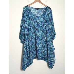 Lands' End Kaftan Cover-Up Medium Blue Floral Boho Pom-Pom Trim Chiffon V-Neck
